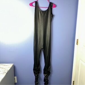 Sleeveless Faux Leather Bodycon Jumpsuit with Ruched Legs. Brand Unknown.